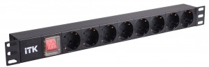 Блок э/питания на 8розеток ITK PDU нем.ст.с LED выключат,1U.без шнура.вх С14 алюмин.профиль