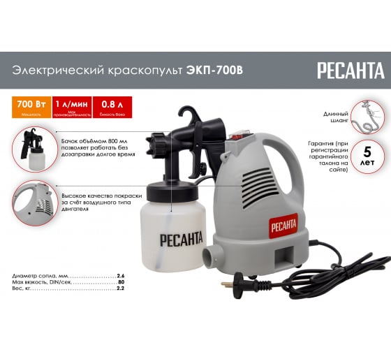 Краскопульт электрич, ЭКП-700В Ресанта 75/17/2