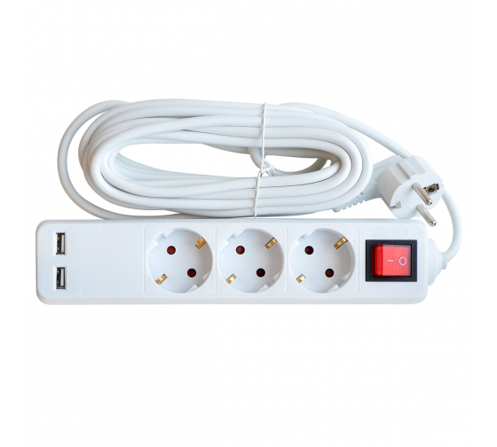 Удлинитель 3GSU-5-SMART 3 роз 5м с выключ и 2 USB,с зазем. 8535 10А IN HOME
