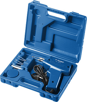 Импульсный паяльник ЗУБР ″Профессионал″ в наборе, 2 сменных жала, канифоль, припой, 150Вт