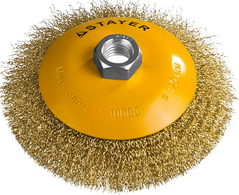STAYER ″PROFESSIONAL″. Щетка коническая для УШМ, витая стальная латунированная проволока 0,3мм, 125ммхМ14