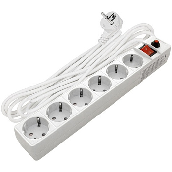 Удлинитель-сетевой фильтр 5м 3*0,75 6гн. выключатель со световым индикатором,предохранитель,с/з,белый Универсал 