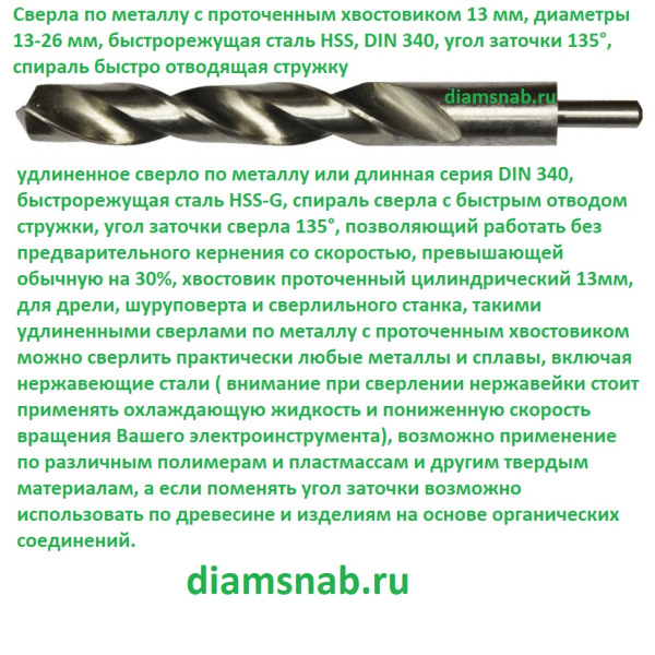 Сверло по металлу 22мм*205 длинное Р6М5 DIN340 HSS-G