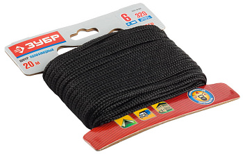 Шнур 20м х 6мм полиамидный, плетеный, повышенной нагрузки, без сердечника, черный ЗУБР