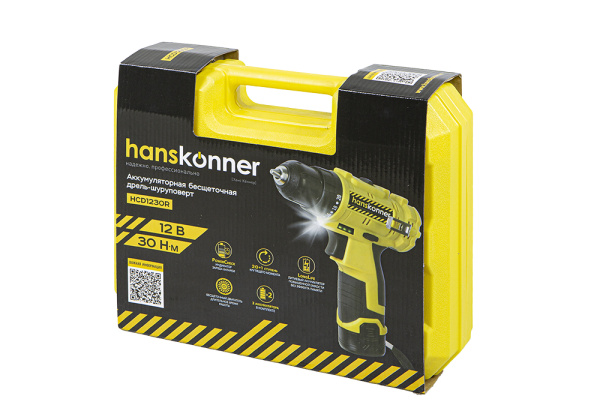 HCD1230R Дрель аккумуляторная б/щ, Hanskonner 12В, 2 акк. 2,0 Ач, 30Нм, кейс