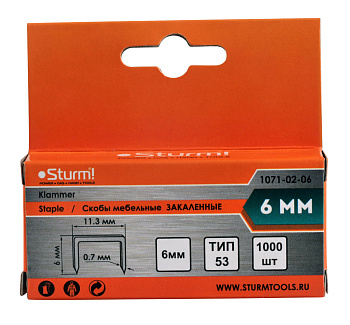 Скобы для степлера 6мм (тип 53) в упак. 1000шт,оцинкованные,закаленные, Sturm!