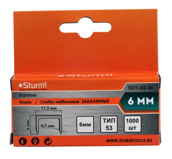 1071-02-06 Скобы для степлера 6мм (тип 53) в упак. 1000шт,оцинкованные,закаленные, Sturm!