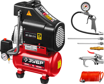 Компрессор безмасл. + пневмоинструмент, 1500 Вт, 6л, 200л/мин, МАСТЕР ЗУБР