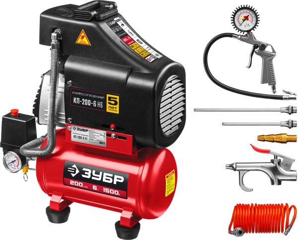 Компрессор безмасл. + пневмоинструмент, 1500 Вт, 6л, 200л/мин, МАСТЕР ЗУБР