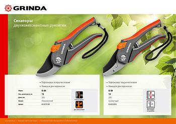 Секатор 205 мм с двухкомпонентными рукоятками, плоскостной GRINDA