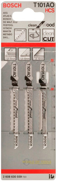 Пилки для лобзика БОШ Т 101 АО, HCS ( 3 шт) 
