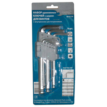 Набор ключей имбусовых удлиненных,с шарниром, 6 граней, 9 предметов (уп.)	